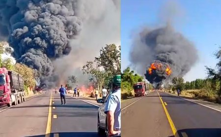 4 mortes: Acidente entre carretas causa explosão e deixa 4 mortos na BR-163 em Bandeirantes