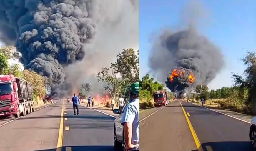4 mortes: Acidente entre carretas causa explosão e deixa 4 mortos na BR-163 em Bandeirantes