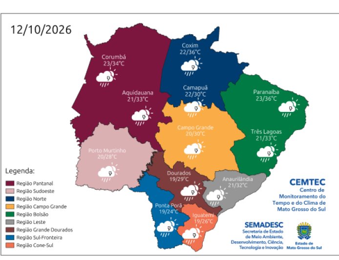 Mais de 40 mm de chuva em 24 horas: Segunda-feira tem previsão de chuva forte e ventos de até 70 km/h em MS
