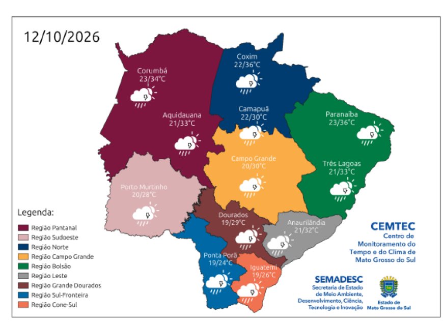 Mais de 40 mm de chuva em 24 horas: Segunda-feira tem previsão de chuva forte e ventos de até 70 km/h em MS